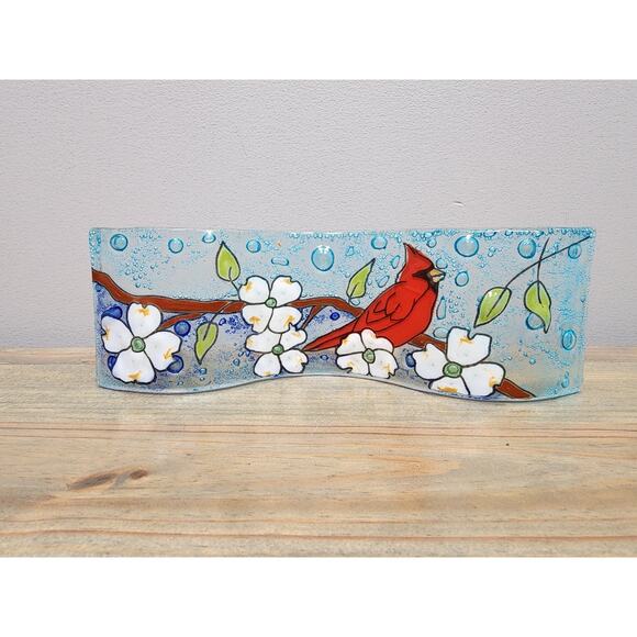 Pampeana Fused Art Glass Wave Plate Cardinals Hand Painted Ecuador - Picture 1 of 6